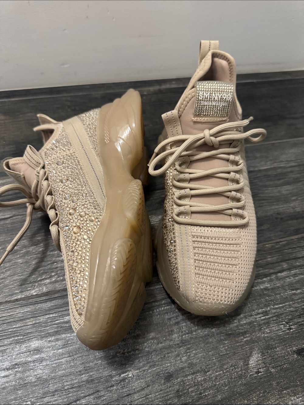 Steve Madden Beige Knit Crystal-Embellished Sneakers
